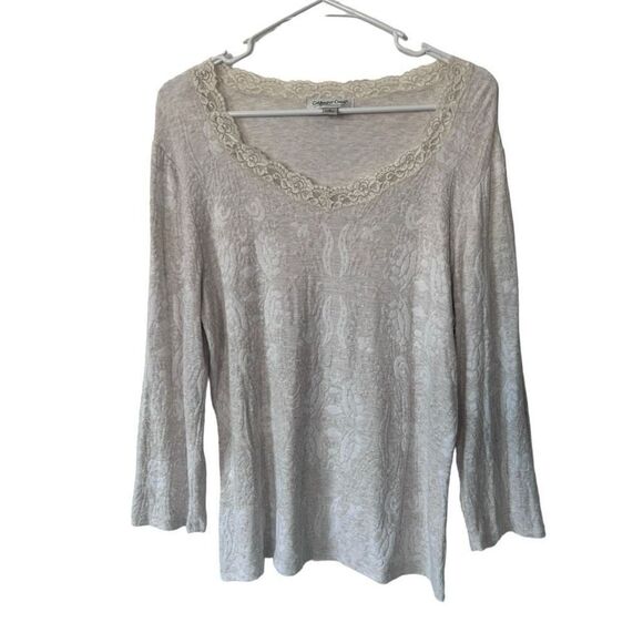 Coldwater Creek Lace Trim Jacquard Floral Scoop Neck Long Sleeve Top Cream Small - Picture 1 of 11